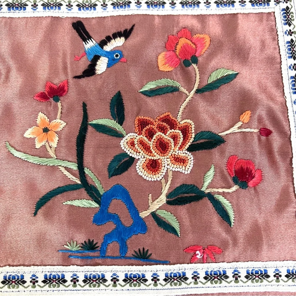 Vintage Chinese Silk Embroidered Floral Bird Panel